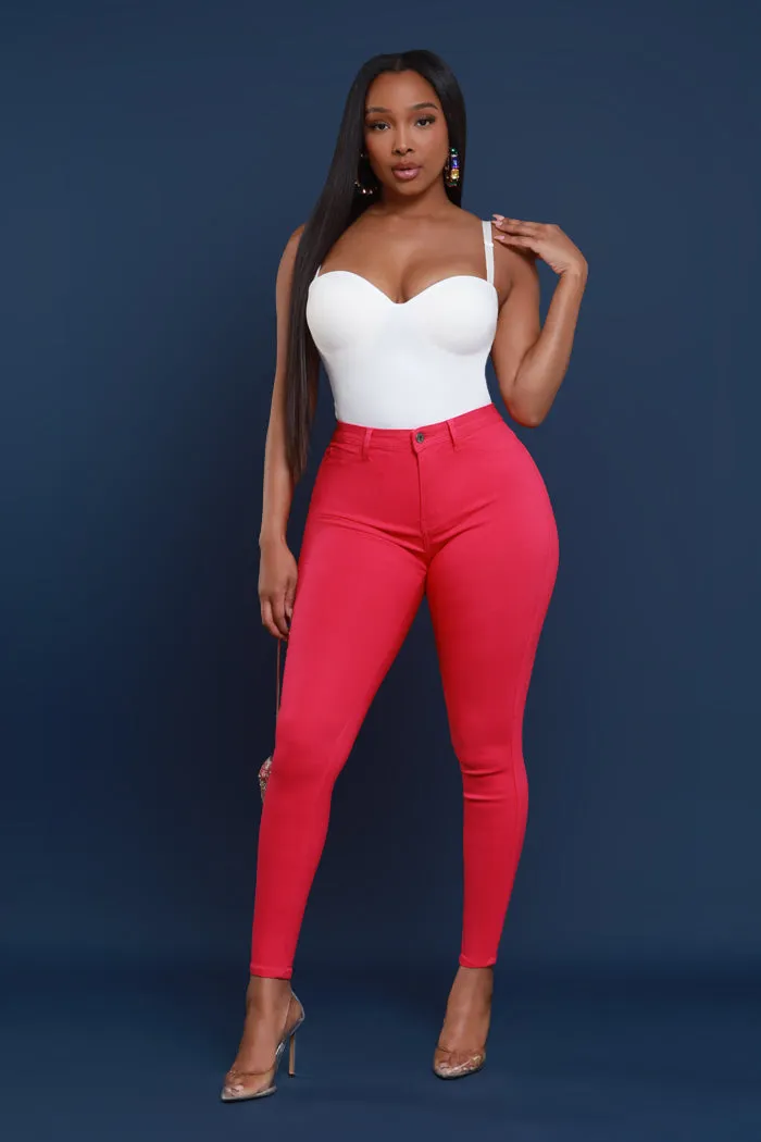 Super Swank High Rise Belt Loop Stretchy Skinny Jeans - Fuchsia