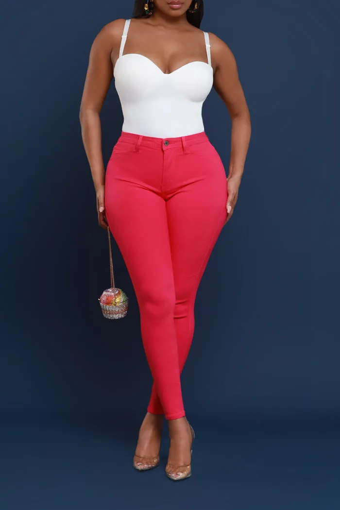 Super Swank High Rise Belt Loop Stretchy Skinny Jeans - Fuchsia