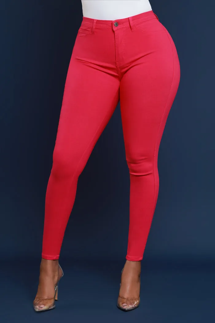 Super Swank High Rise Belt Loop Stretchy Skinny Jeans - Fuchsia