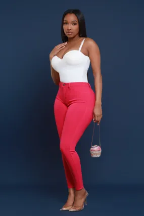 Super Swank High Rise Belt Loop Stretchy Skinny Jeans - Fuchsia