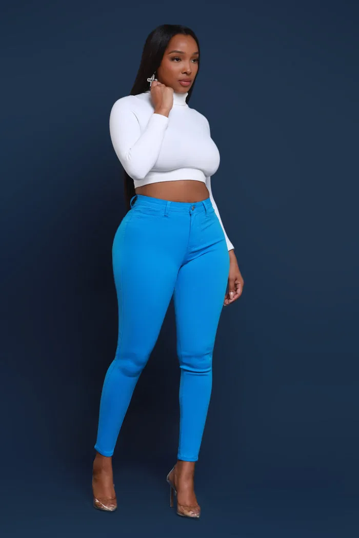 Super Swank High Rise Belt Loop Stretchy Skinny Jeans - Ocean Blue