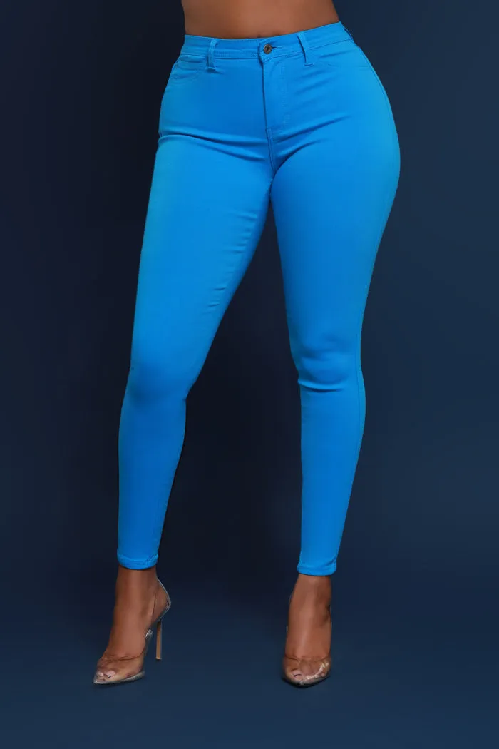 Super Swank High Rise Belt Loop Stretchy Skinny Jeans - Ocean Blue