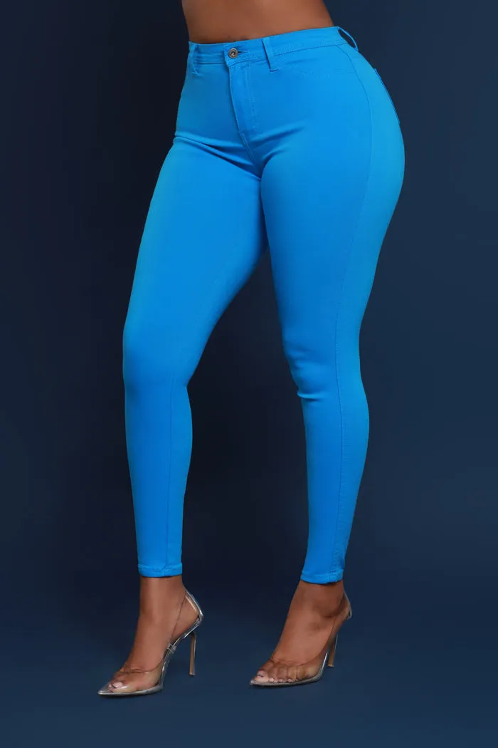 Super Swank High Rise Belt Loop Stretchy Skinny Jeans - Ocean Blue