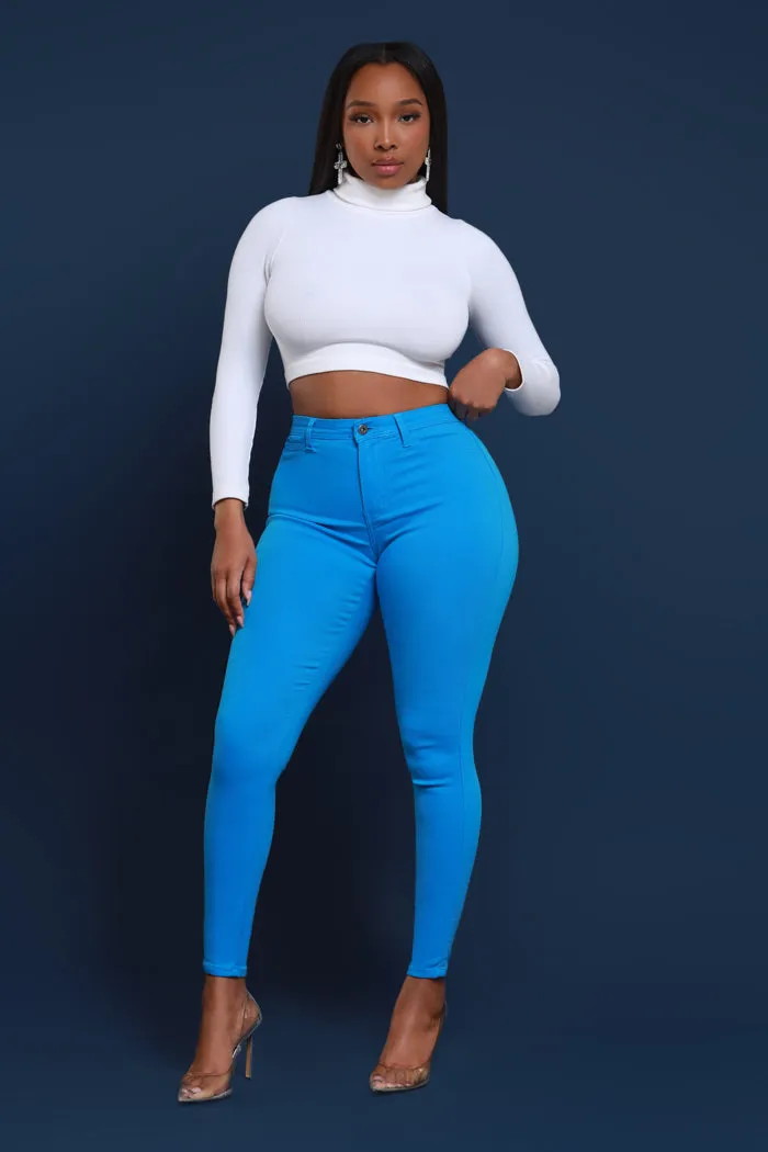 Super Swank High Rise Belt Loop Stretchy Skinny Jeans - Ocean Blue