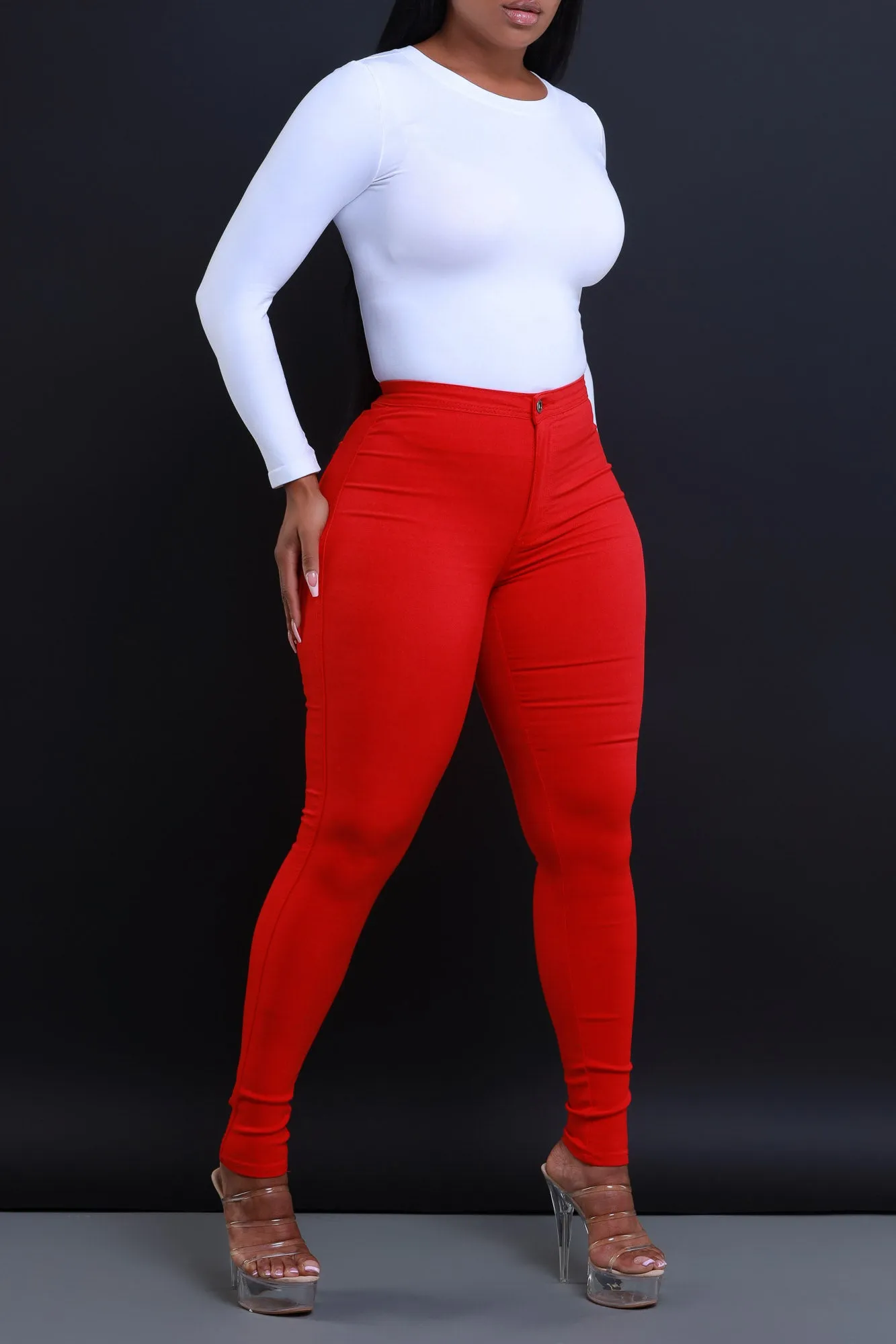 Super Swank High Waist Stretchy Jeans - Red
