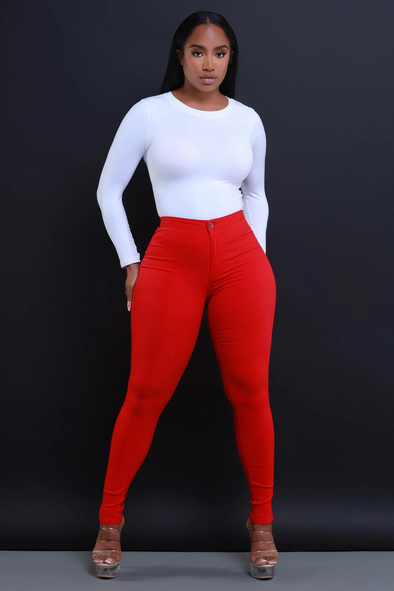 Super Swank High Waist Stretchy Jeans - Red