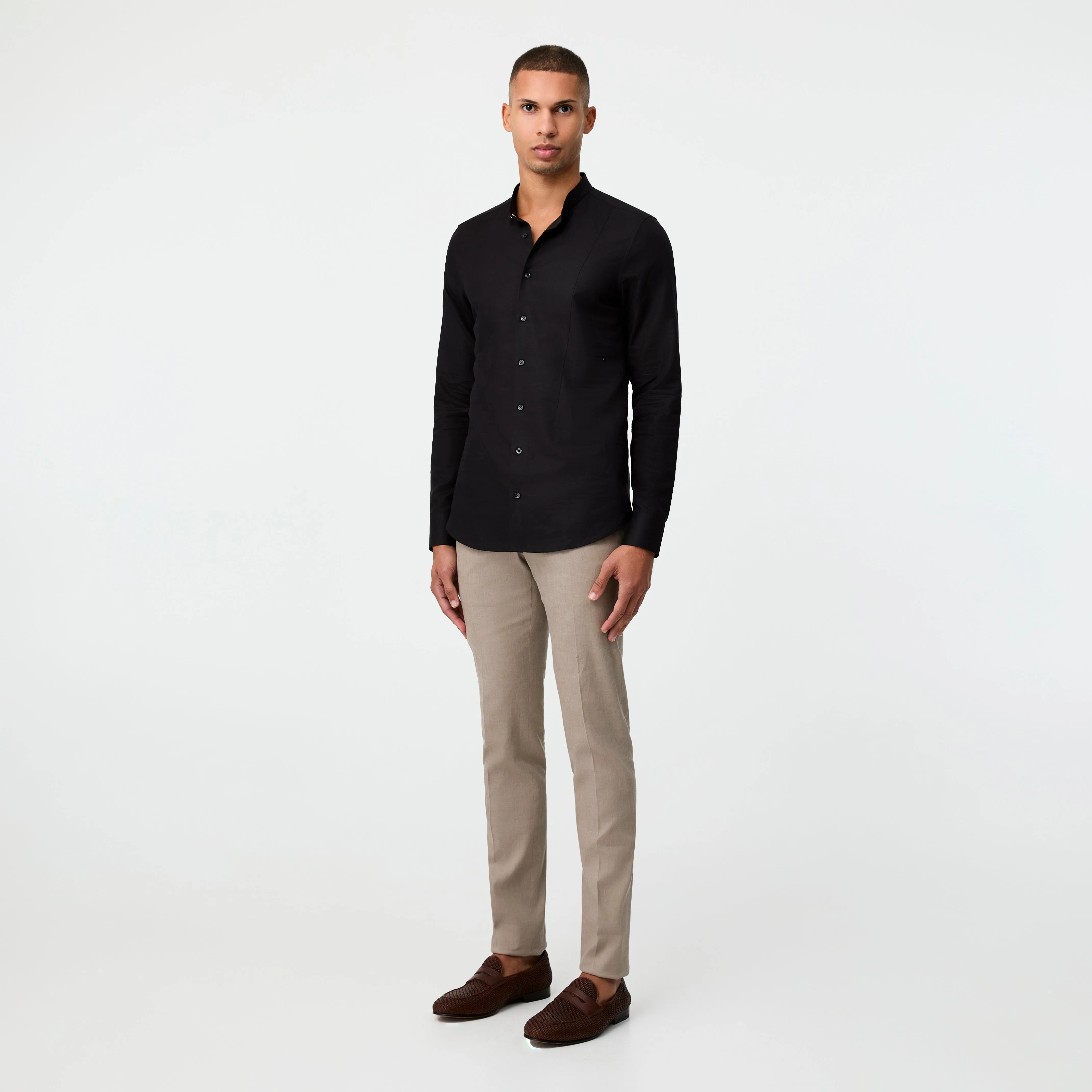 Tailored-Fit Cotton Linen Stand Collar Shirt Black