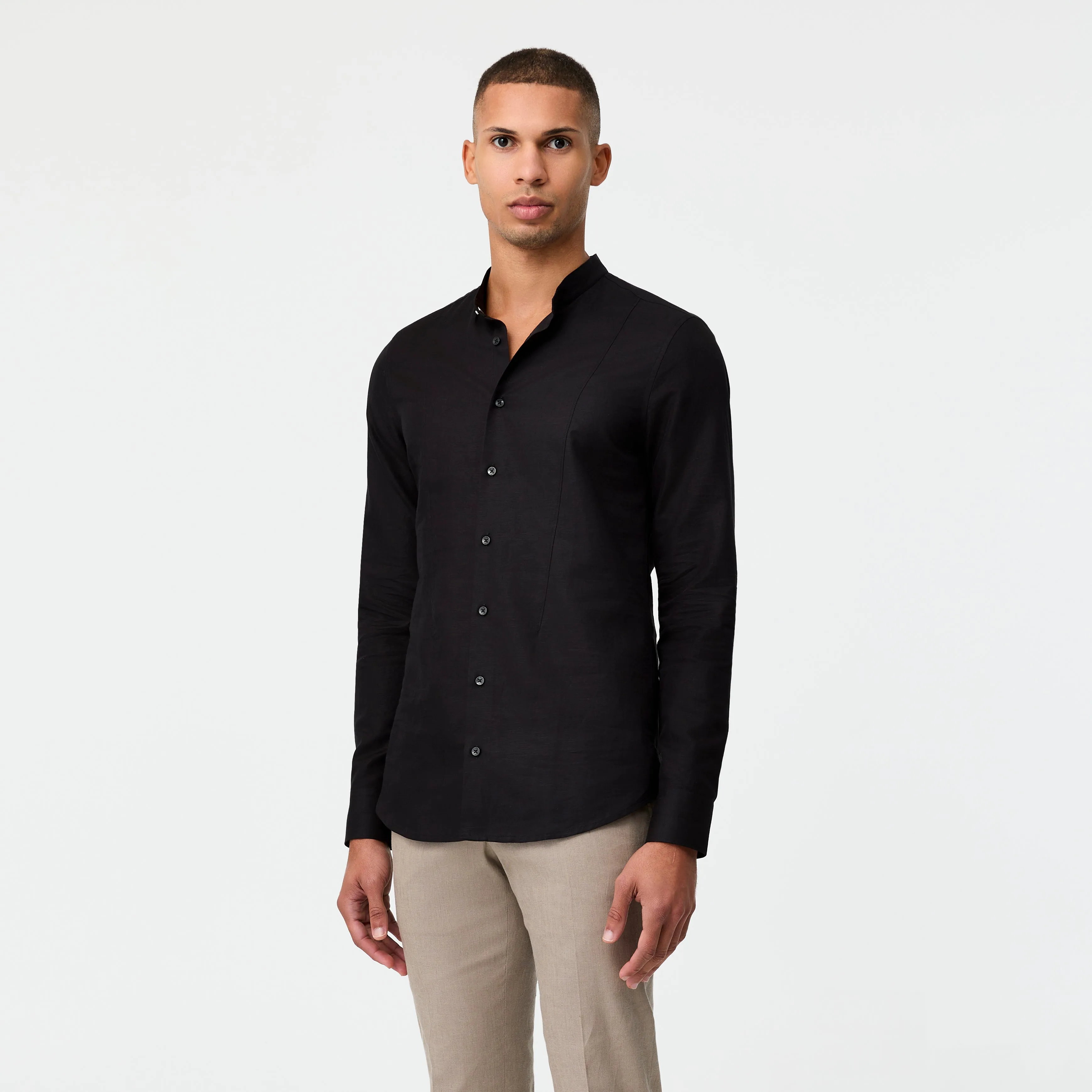 Tailored-Fit Cotton Linen Stand Collar Shirt Black
