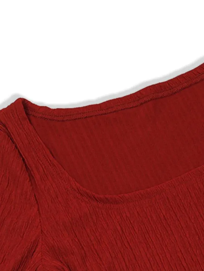 Textured Square Neck Irregular Hem Long Sleeve Tee