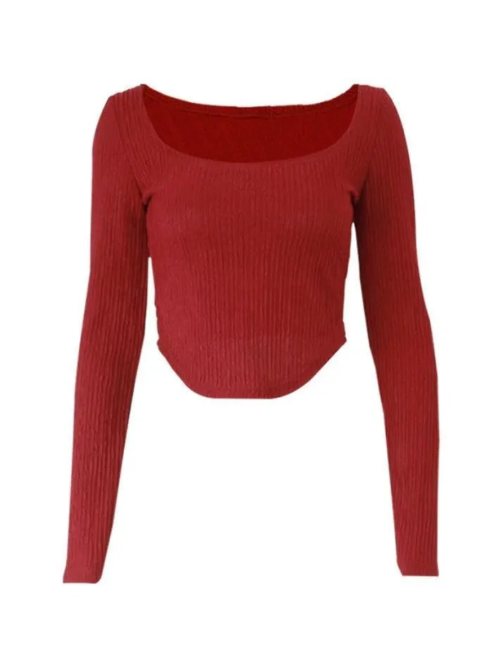 Textured Square Neck Irregular Hem Long Sleeve Tee