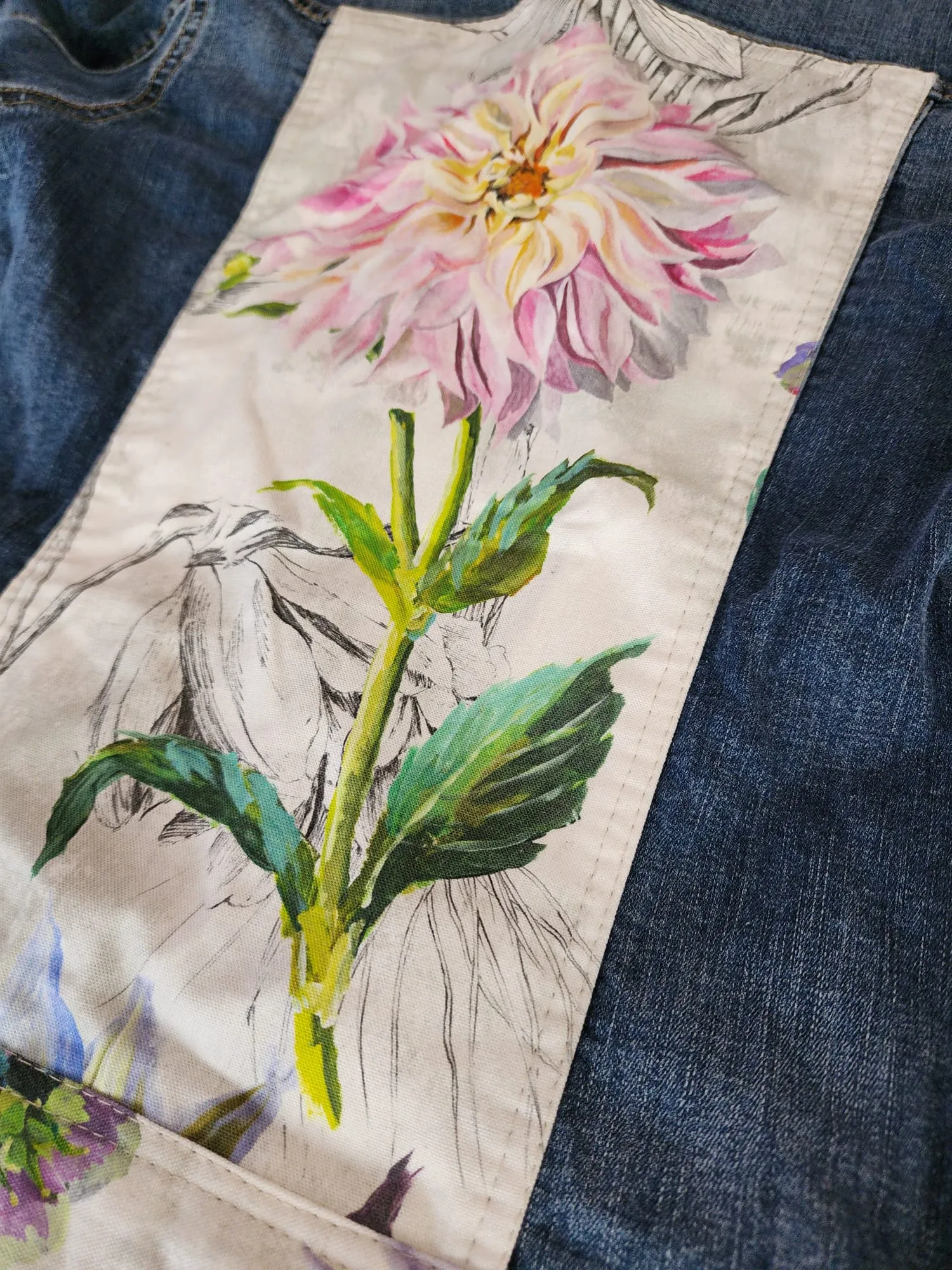 Upcycled Denim Jacket with Flower Print