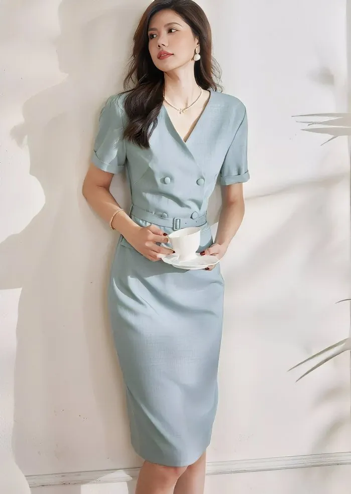 V NECK DOUBLE BUTTON DRESS