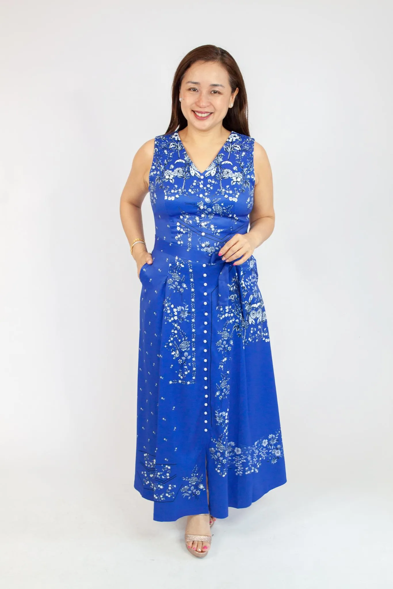 V Neck Pearl Button Dress