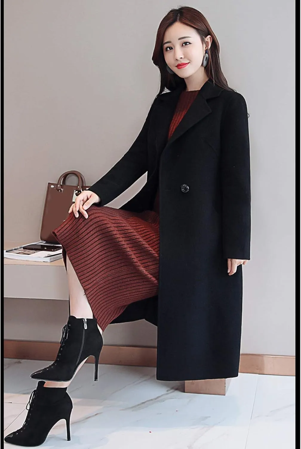 watersouprty Women's Double Breasted Slim Lapel Wool Blend Winter Long Pea Coats