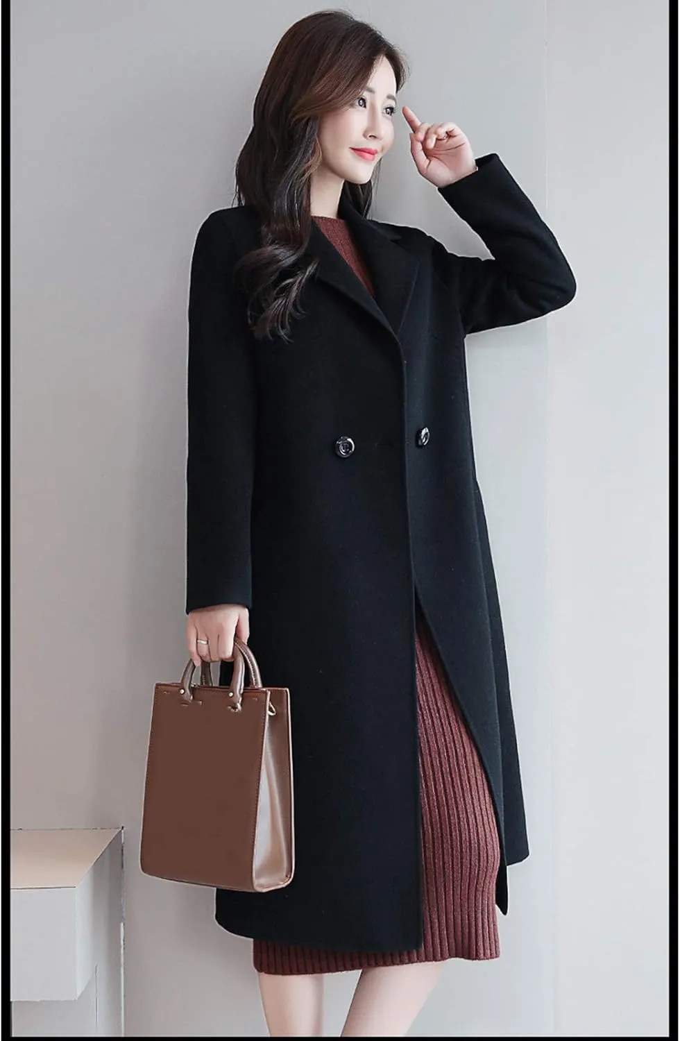 watersouprty Women's Double Breasted Slim Lapel Wool Blend Winter Long Pea Coats