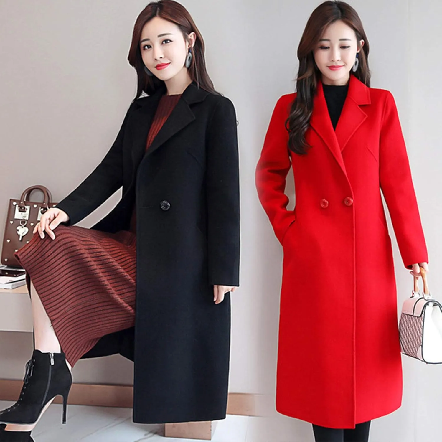 watersouprty Women's Double Breasted Slim Lapel Wool Blend Winter Long Pea Coats
