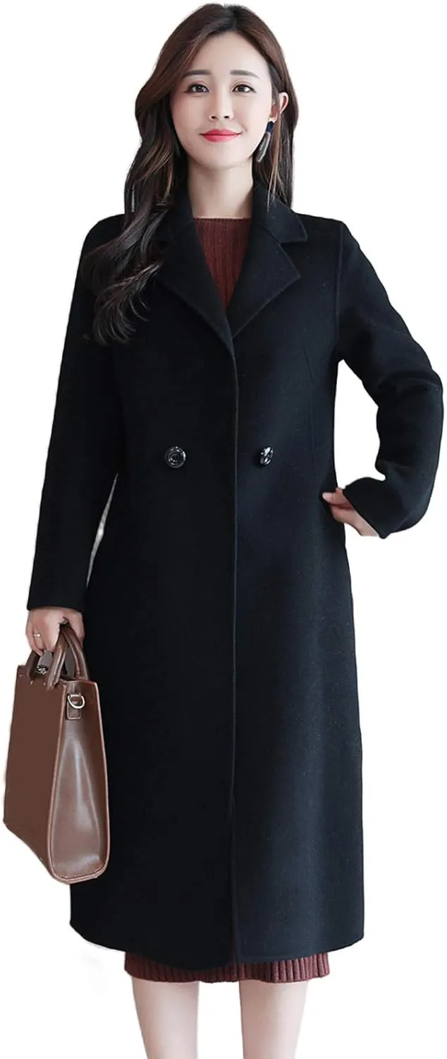 watersouprty Women's Double Breasted Slim Lapel Wool Blend Winter Long Pea Coats