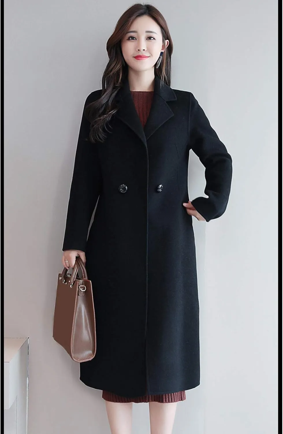 watersouprty Women's Double Breasted Slim Lapel Wool Blend Winter Long Pea Coats