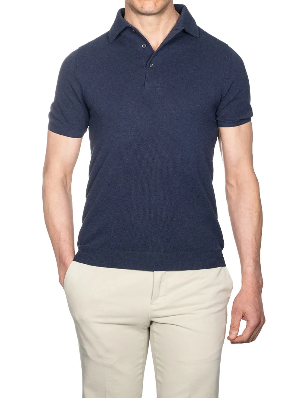Weave Short Sleeve 3 Button Polo Blue