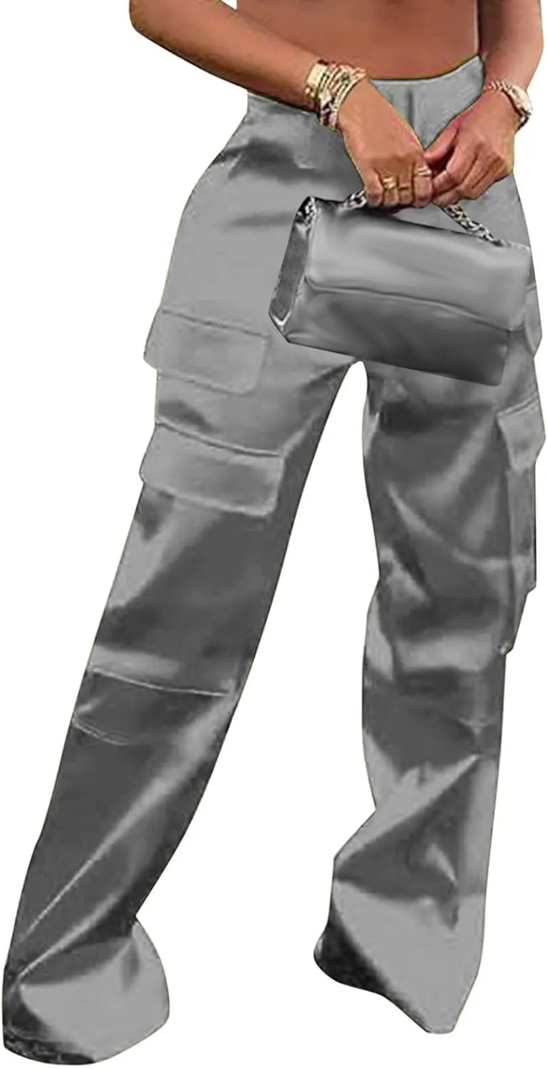 Women Casual Cargo Pants Loose Fit High Waist Multiple Pockets Straight Wide Leg Long Trousers Soft Cosy