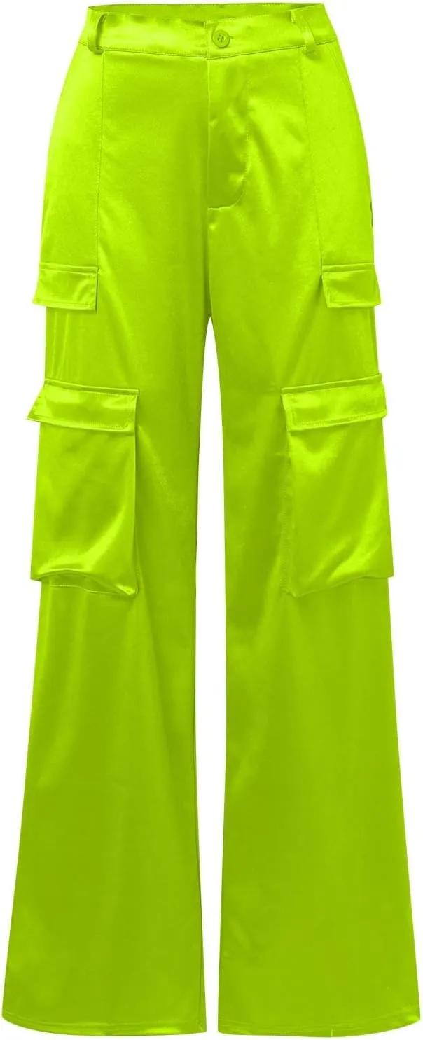 Women Casual Cargo Pants Loose Fit High Waist Multiple Pockets Straight Wide Leg Long Trousers Soft Cosy