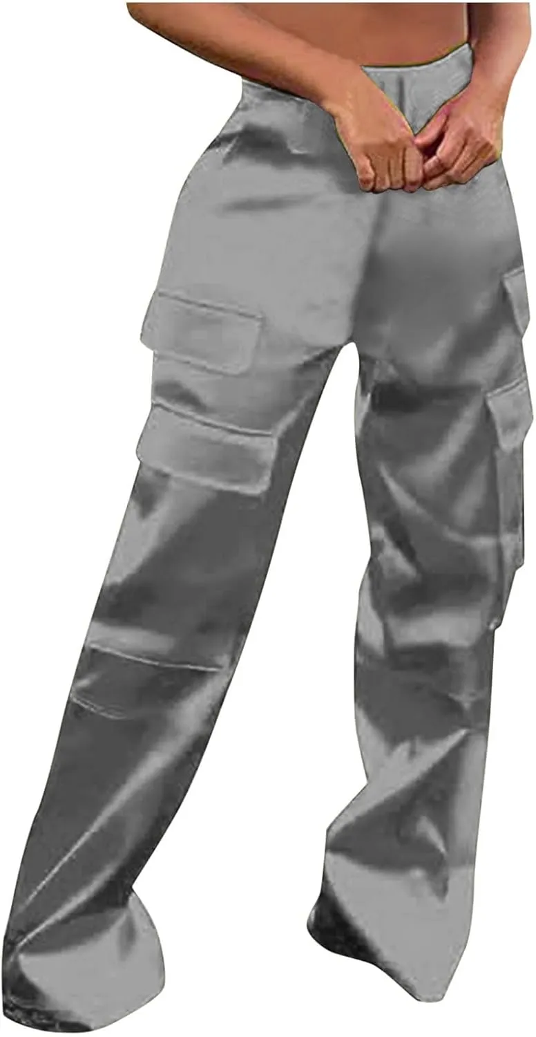 Women Casual Cargo Pants Loose Fit High Waist Multiple Pockets Straight Wide Leg Long Trousers Soft Cosy