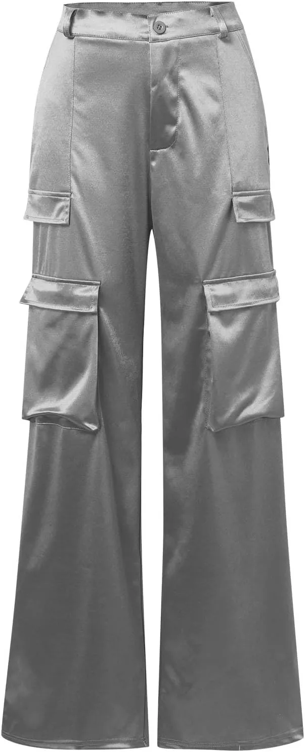 Women Casual Cargo Pants Loose Fit High Waist Multiple Pockets Straight Wide Leg Long Trousers Soft Cosy