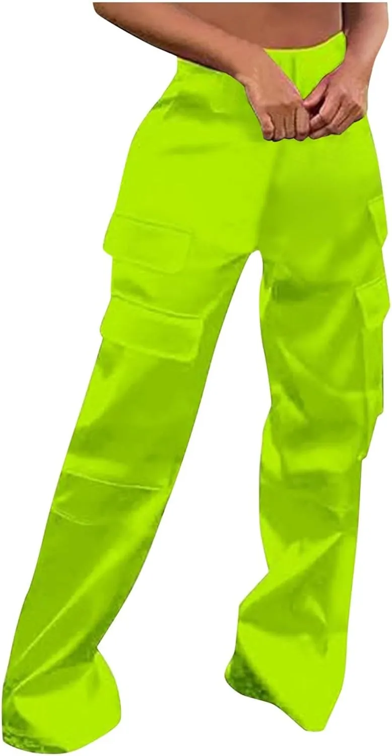 Women Casual Cargo Pants Loose Fit High Waist Multiple Pockets Straight Wide Leg Long Trousers Soft Cosy