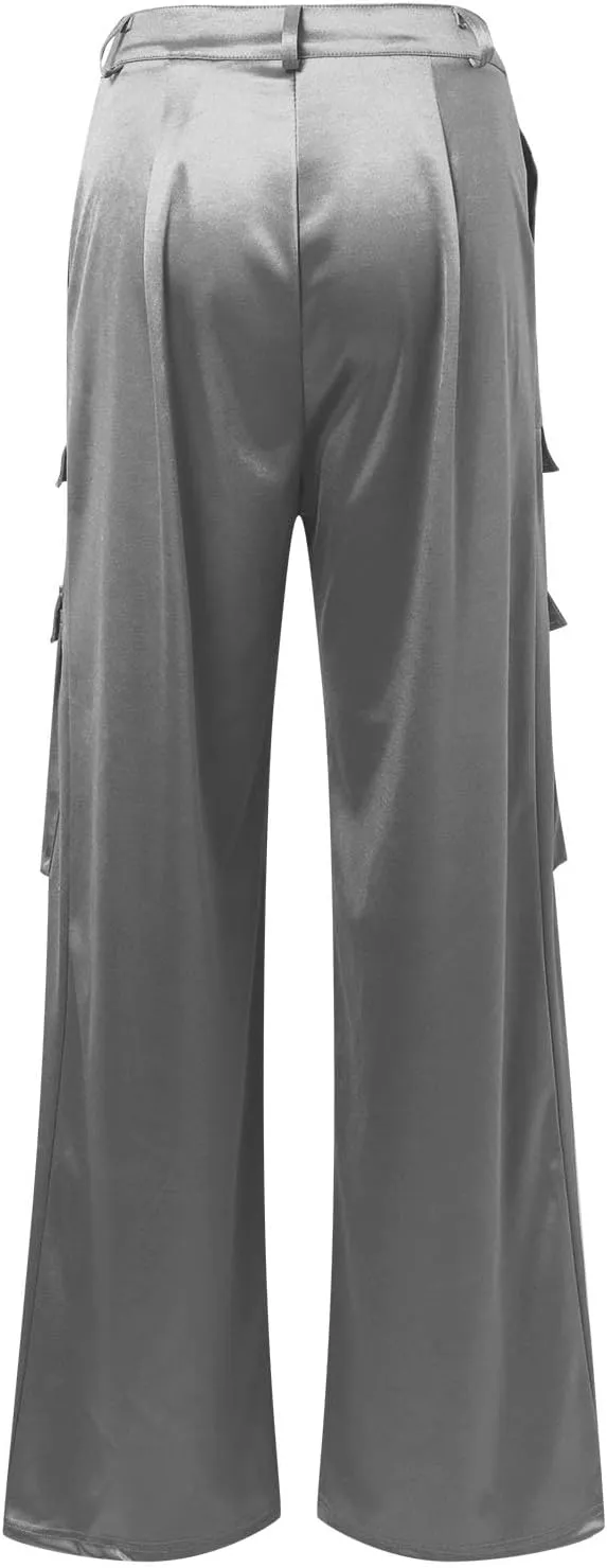 Women Casual Cargo Pants Loose Fit High Waist Multiple Pockets Straight Wide Leg Long Trousers Soft Cosy