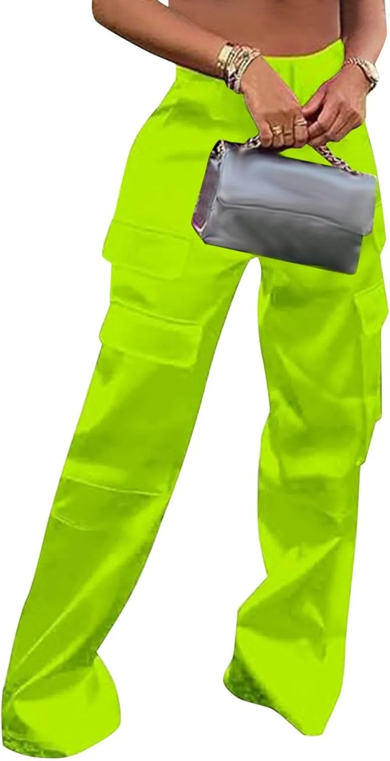 Women Casual Cargo Pants Loose Fit High Waist Multiple Pockets Straight Wide Leg Long Trousers Soft Cosy