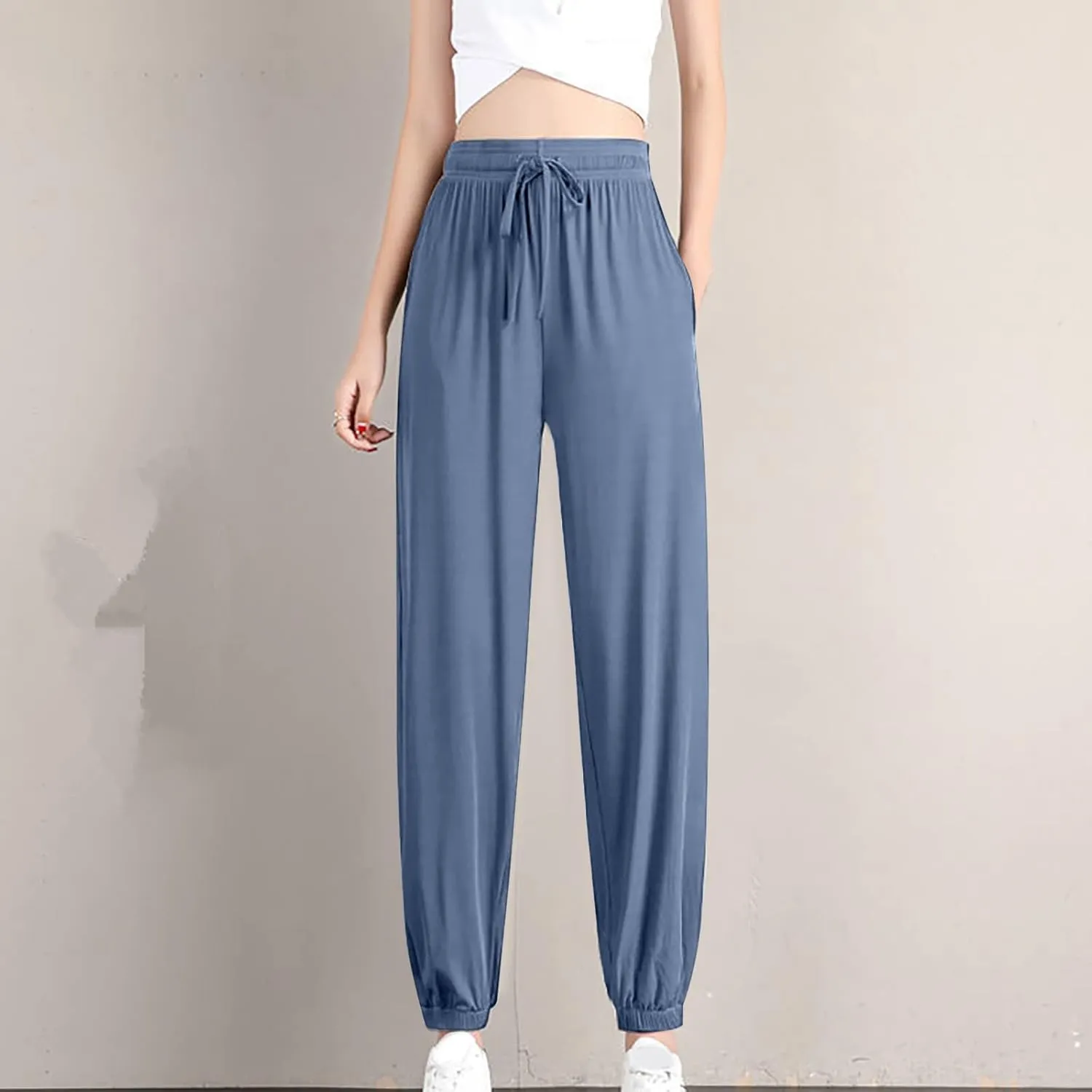 Women Summer Ice Silk Pants Drawstring High Waist Bundle Feet Jogger Soft Lightweight Hiking Sweatpants with Pockets