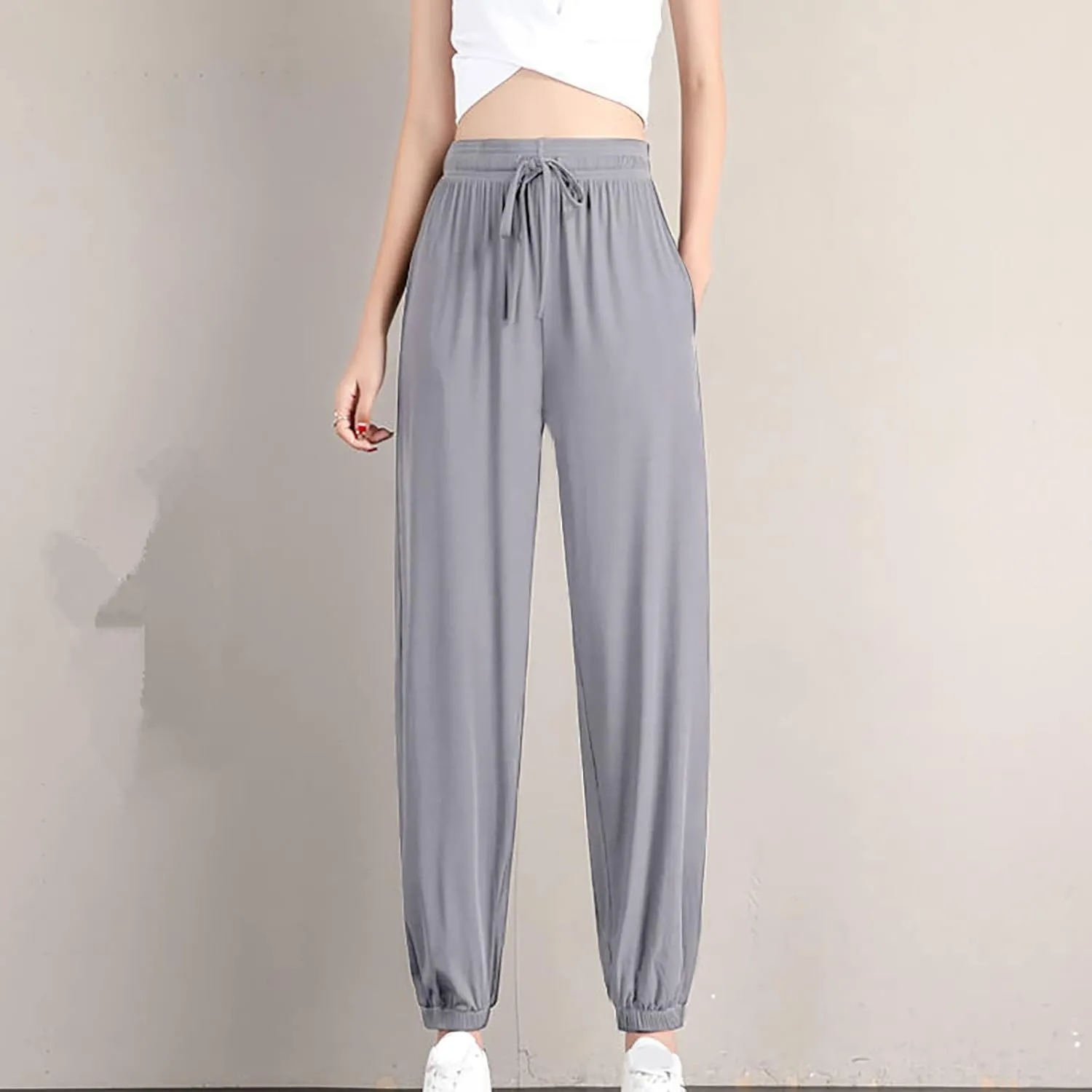 Women Summer Ice Silk Pants Drawstring High Waist Bundle Feet Jogger Soft Lightweight Hiking Sweatpants with Pockets