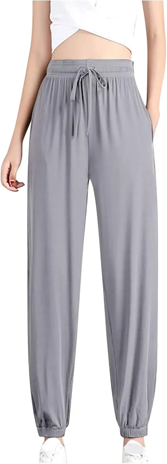Women Summer Ice Silk Pants Drawstring High Waist Bundle Feet Jogger Soft Lightweight Hiking Sweatpants with Pockets