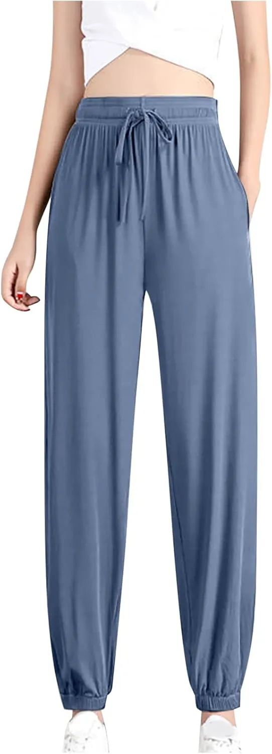 Women Summer Ice Silk Pants Drawstring High Waist Bundle Feet Jogger Soft Lightweight Hiking Sweatpants with Pockets