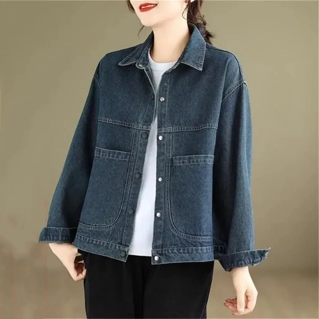 Women's Casual Denim Jacket Vintage Loose Long Sleeve V-Neck Denim Jacket