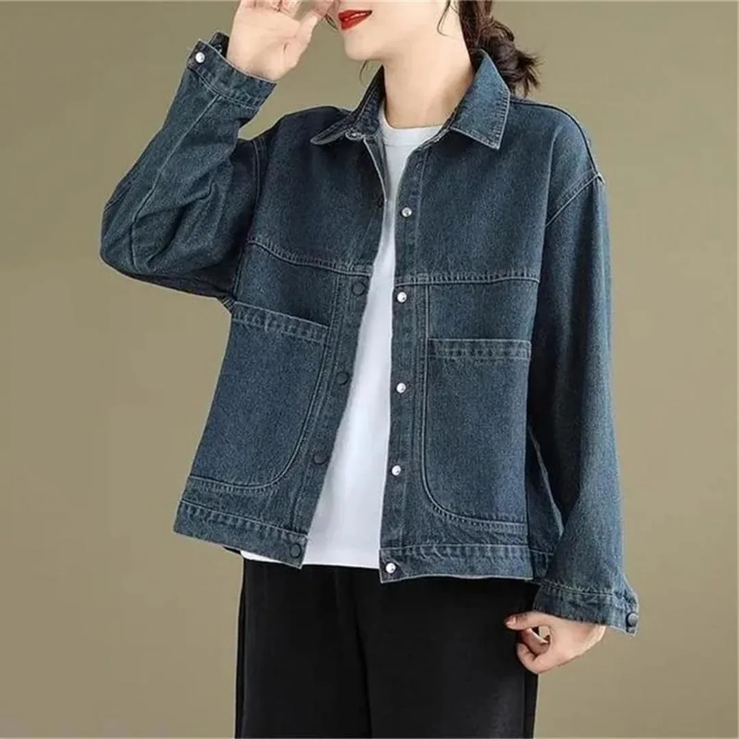 Women's Casual Denim Jacket Vintage Loose Long Sleeve V-Neck Denim Jacket