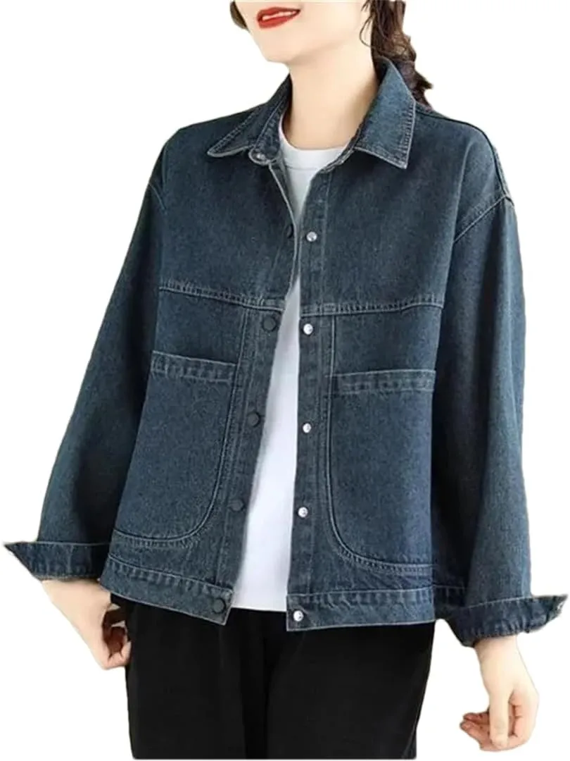 Women's Casual Denim Jacket Vintage Loose Long Sleeve V-Neck Denim Jacket