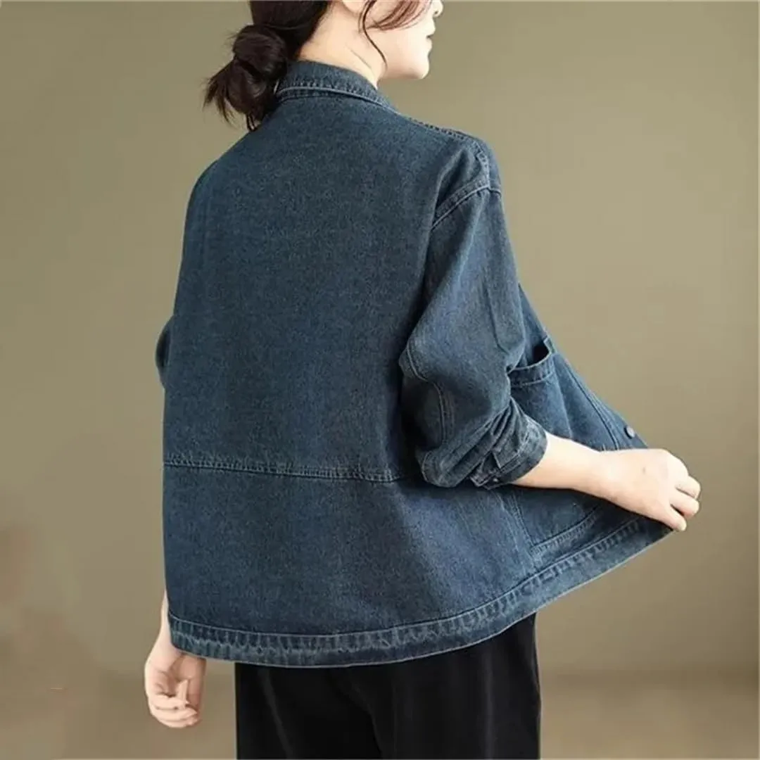 Women's Casual Denim Jacket Vintage Loose Long Sleeve V-Neck Denim Jacket