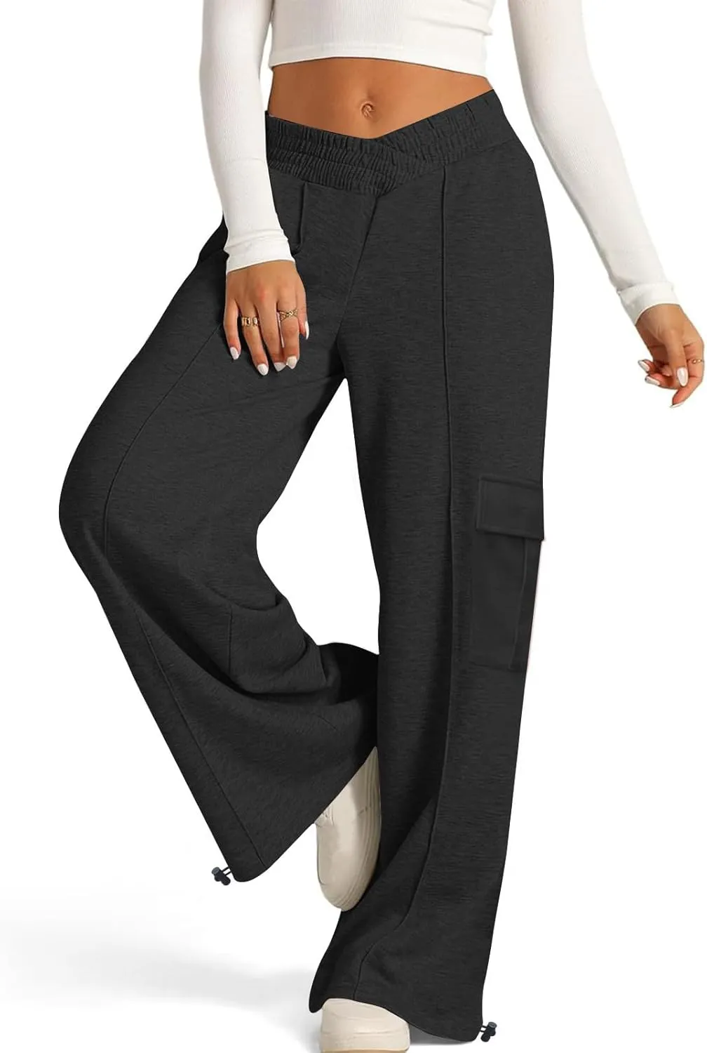 Women's Casual Pants Elastic High Waist Straight Leg Baggy Pant Lightweight Soft Comfy Solid Trousers with Pockets