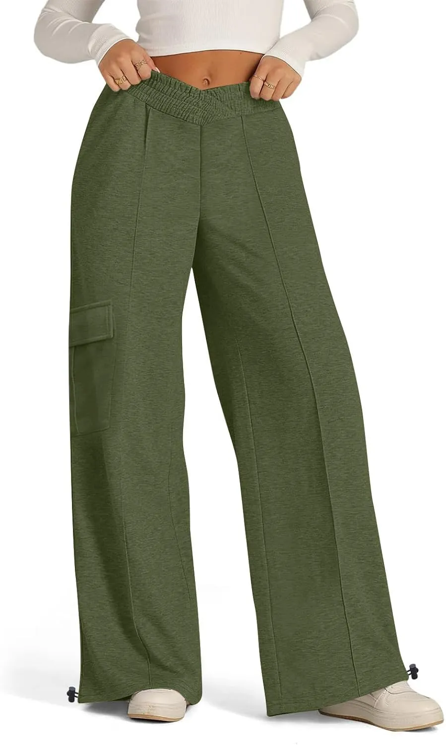 Women's Casual Pants Elastic High Waist Straight Leg Baggy Pant Lightweight Soft Comfy Solid Trousers with Pockets