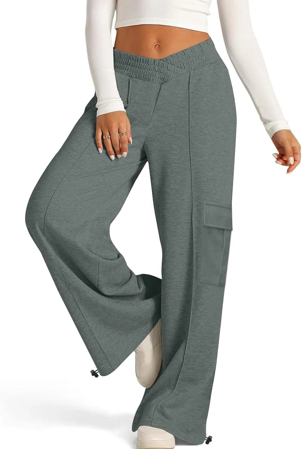 Women's Casual Pants Elastic High Waist Straight Leg Baggy Pant Lightweight Soft Comfy Solid Trousers with Pockets