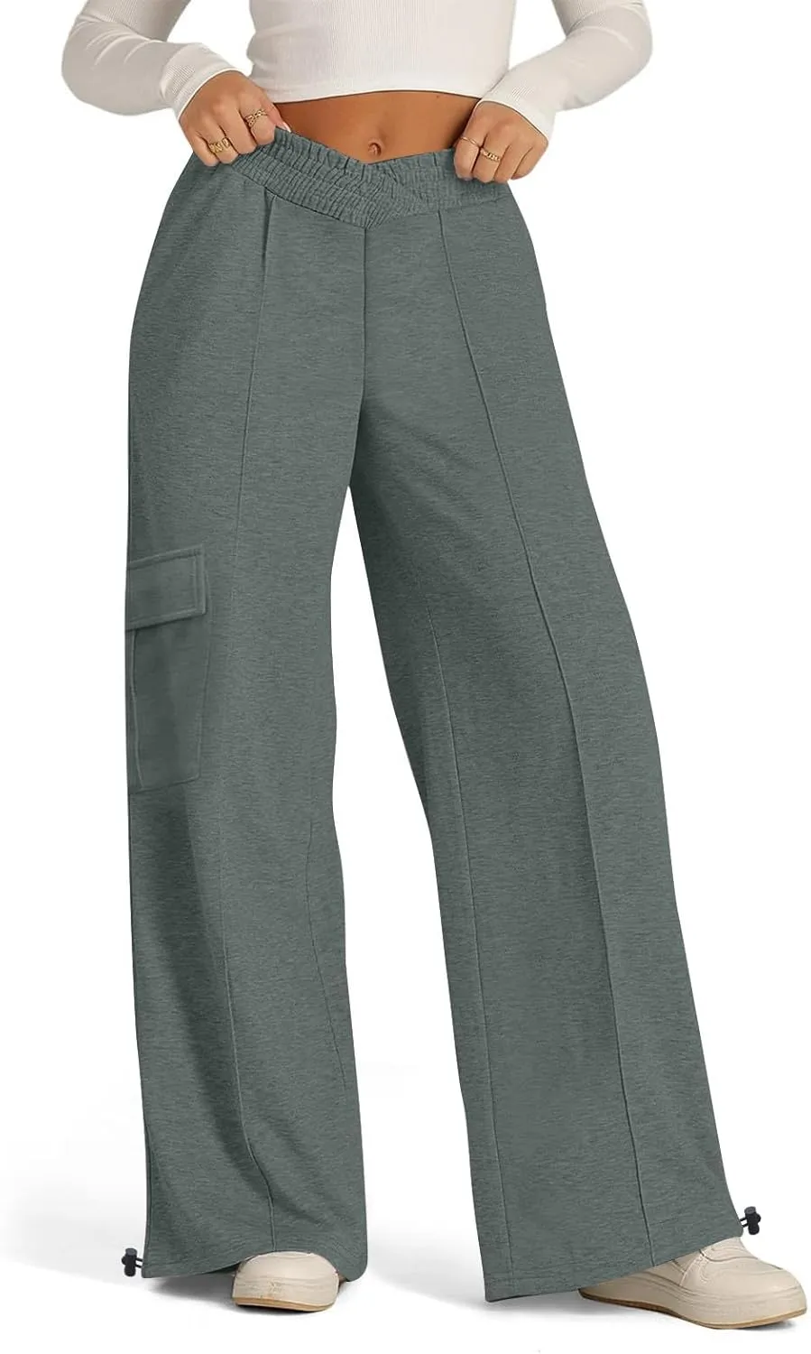 Women's Casual Pants Elastic High Waist Straight Leg Baggy Pant Lightweight Soft Comfy Solid Trousers with Pockets
