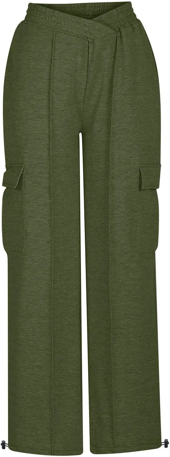 Women's Casual Pants Elastic High Waist Straight Leg Baggy Pant Lightweight Soft Comfy Solid Trousers with Pockets