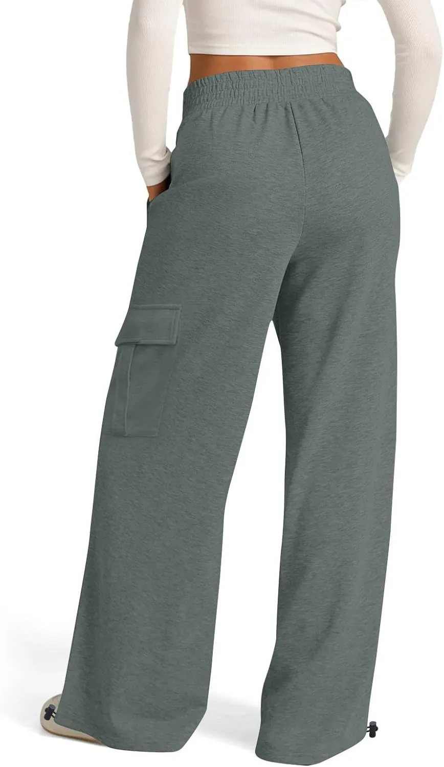 Women's Casual Pants Elastic High Waist Straight Leg Baggy Pant Lightweight Soft Comfy Solid Trousers with Pockets