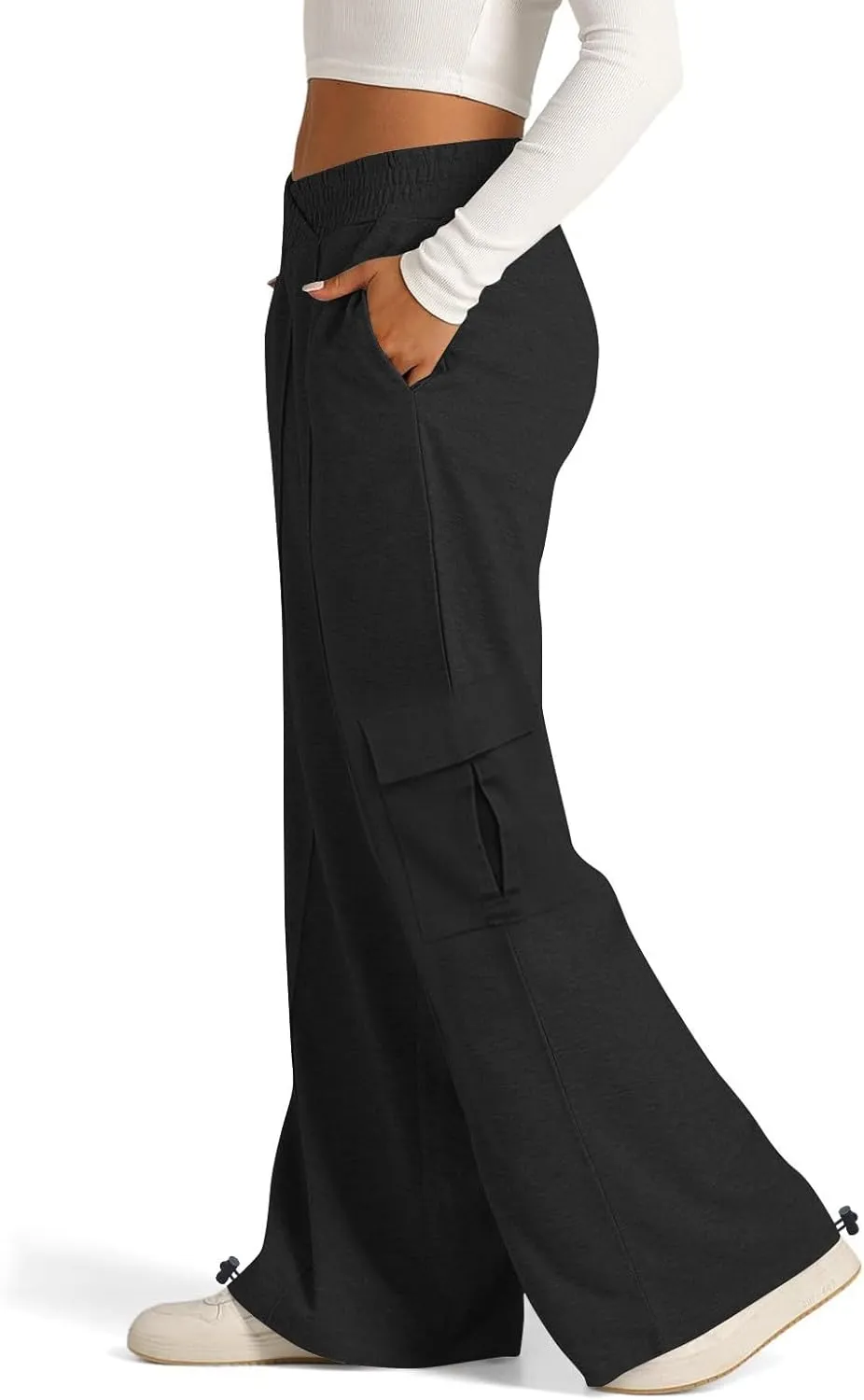 Women's Casual Pants Elastic High Waist Straight Leg Baggy Pant Lightweight Soft Comfy Solid Trousers with Pockets
