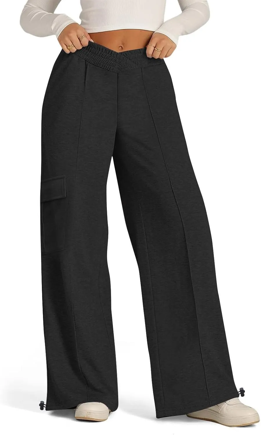 Women's Casual Pants Elastic High Waist Straight Leg Baggy Pant Lightweight Soft Comfy Solid Trousers with Pockets