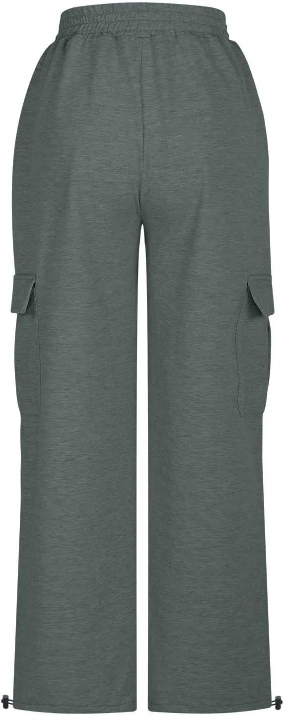 Women's Casual Pants Elastic High Waist Straight Leg Baggy Pant Lightweight Soft Comfy Solid Trousers with Pockets