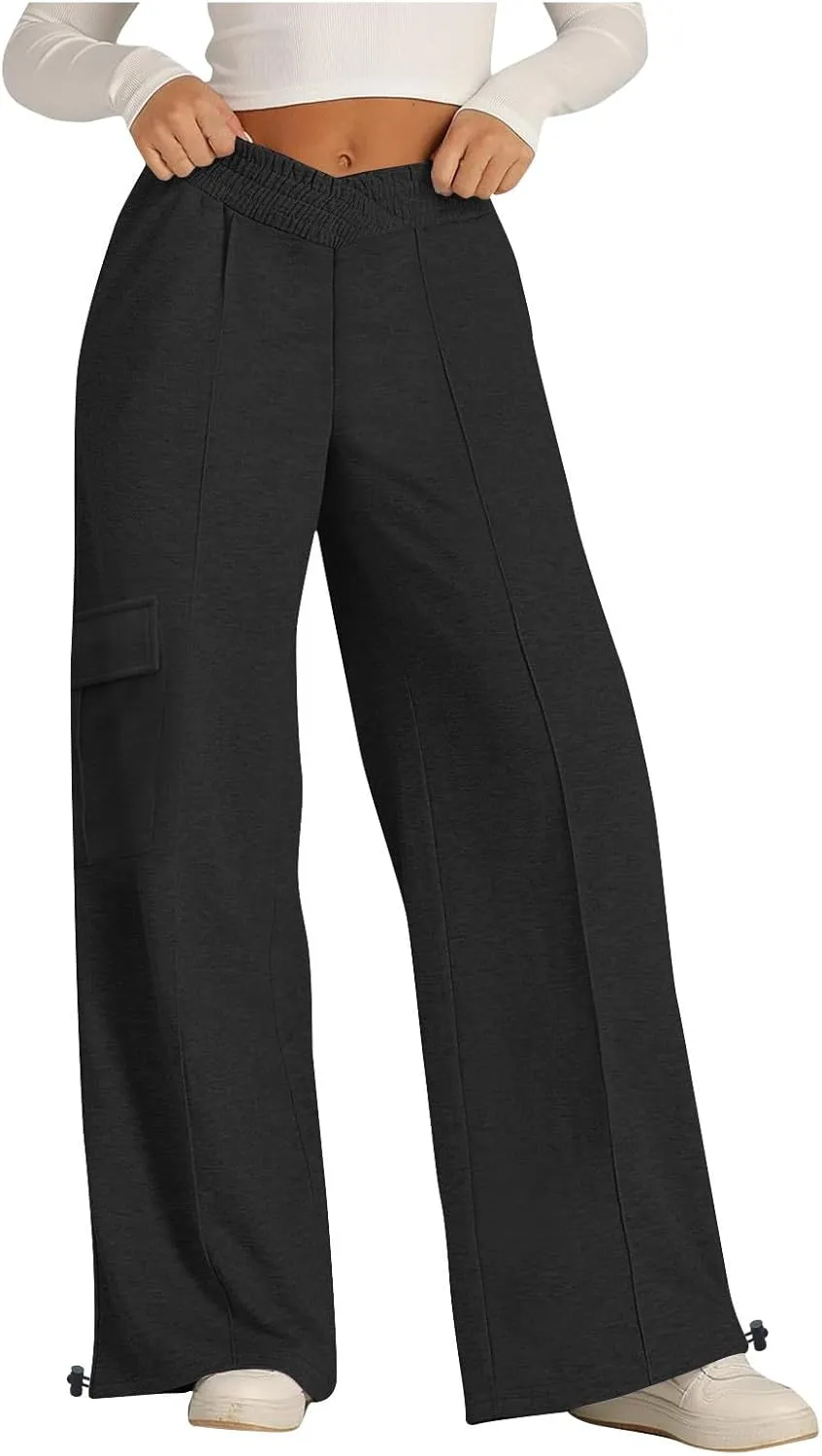 Women's Casual Pants Elastic High Waist Straight Leg Baggy Pant Lightweight Soft Comfy Solid Trousers with Pockets