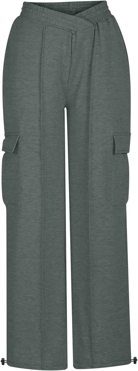 Women's Casual Pants Elastic High Waist Straight Leg Baggy Pant Lightweight Soft Comfy Solid Trousers with Pockets