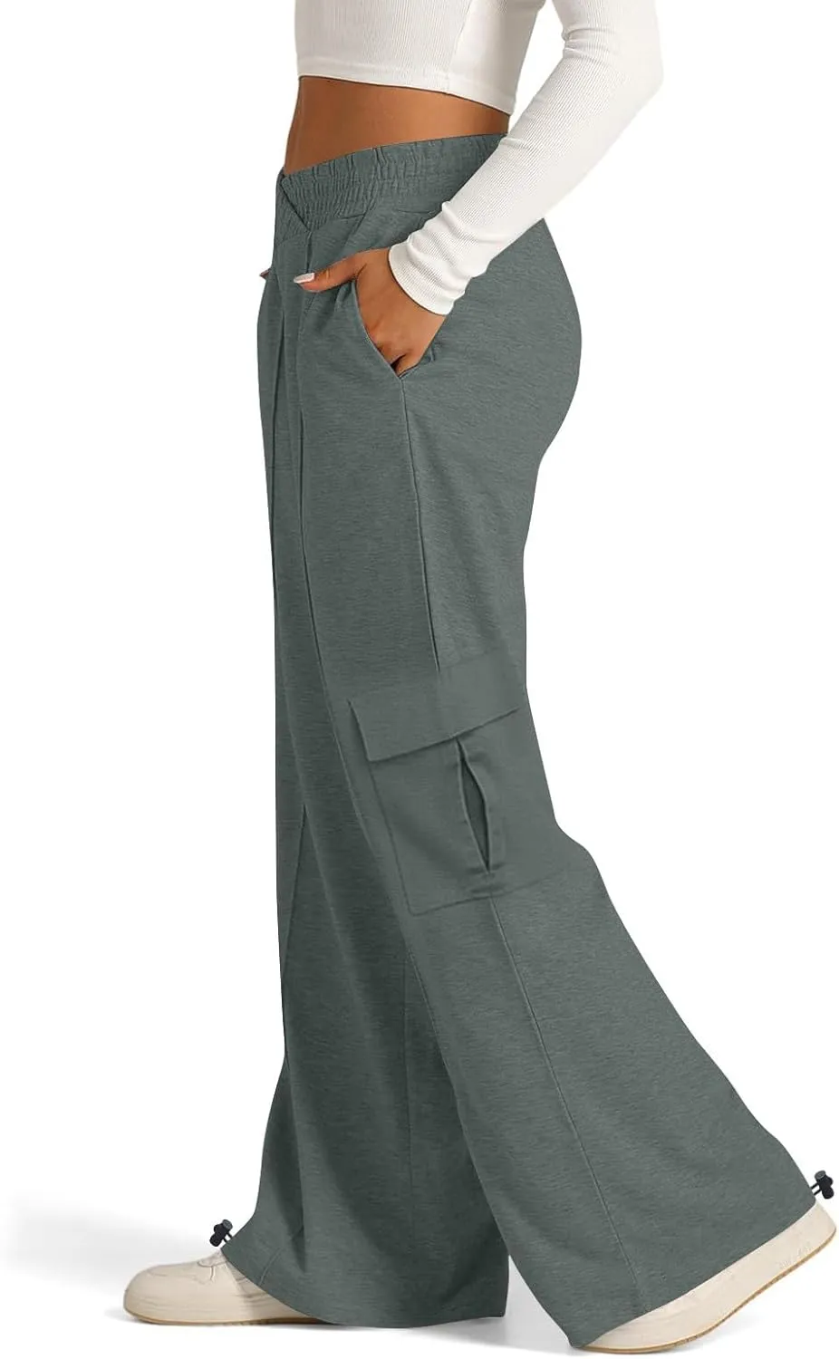 Women's Casual Pants Elastic High Waist Straight Leg Baggy Pant Lightweight Soft Comfy Solid Trousers with Pockets
